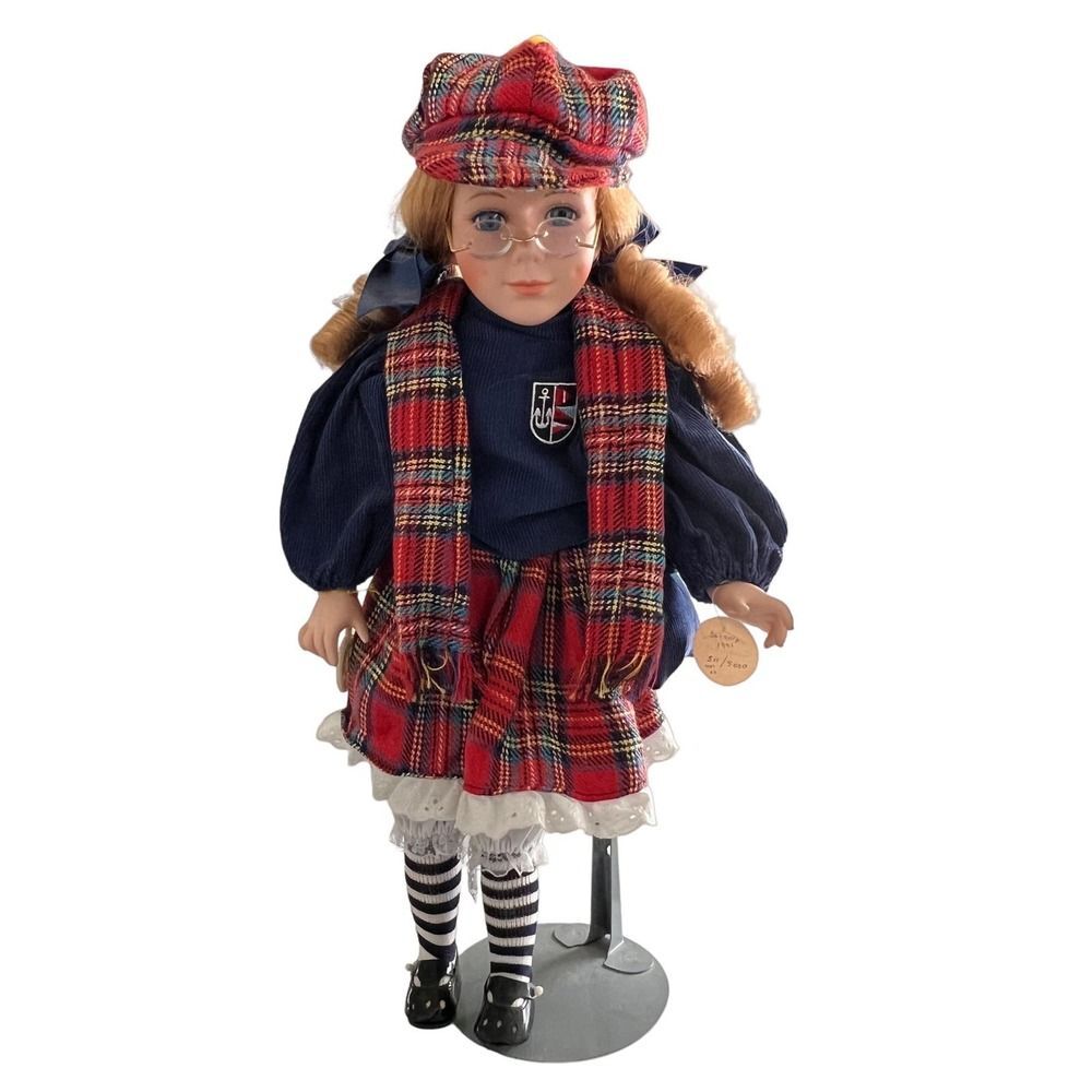 Brinn’s Ltd. Ed. Porcelain Doll 1991 Curly Strawberry Blonde w/ Scarf, Glasses